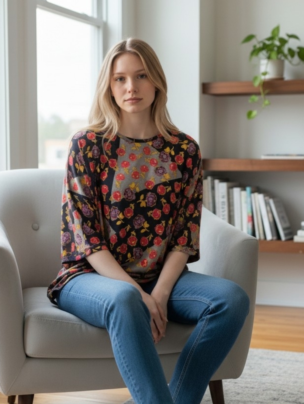 🦜 2/$10 LuLaRoe Flower Rose Oversized Top. Medium.
